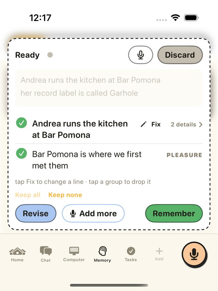 Before saving, Buddy lists what he heard as separate facts, each with a Fix button, and waits for you to tap Remember