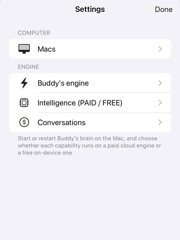 Buddy settings: your Macs, and Buddy’s engine, which runs on the Mac and can use a paid cloud AI or a free on-device one