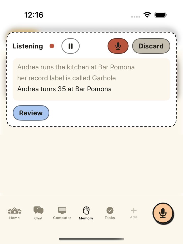 Buddy listening: your words appear as you say them, with a Review button